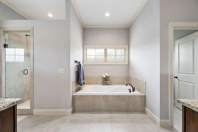 bathroom with a shower stall, a bath, vanity, ornamental molding, and baseboards