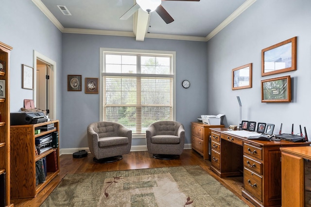 office featuring crown molding, ceiling fan, visible vents, wood finished floors, and baseboards