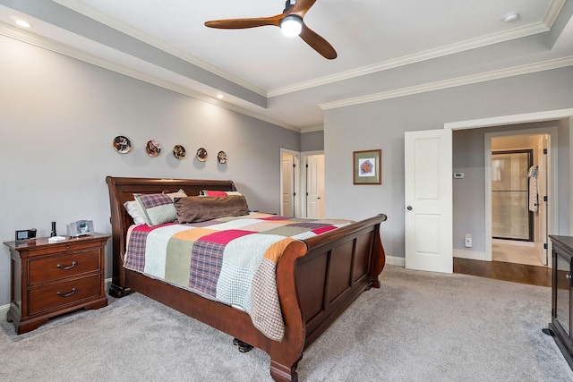 bedroom featuring ceiling fan, crown molding, carpet flooring, and baseboards