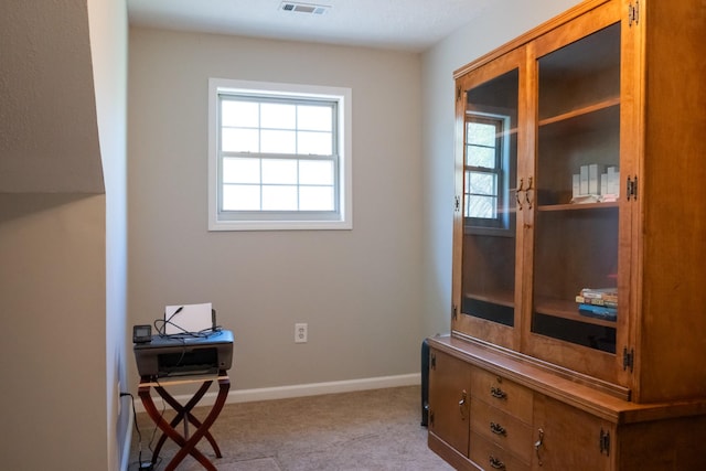interior space with plenty of natural light, visible vents, baseboards, and carpet floors