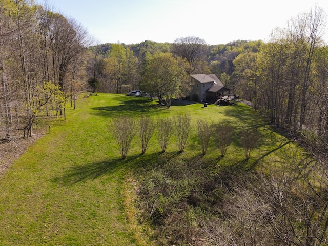 view of yard featuring a forest view