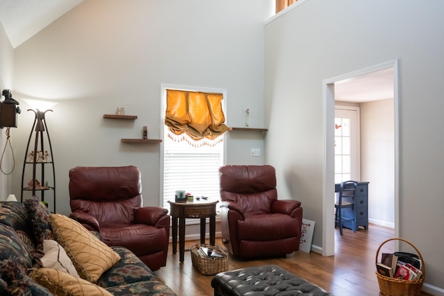 living room with high vaulted ceiling and wood finished floors