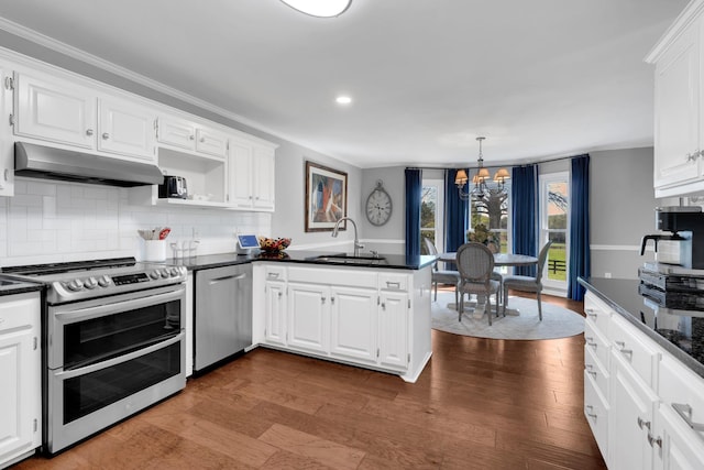 kitchen featuring a peninsula, dark countertops, under cabinet range hood, appliances with stainless steel finishes, and a sink