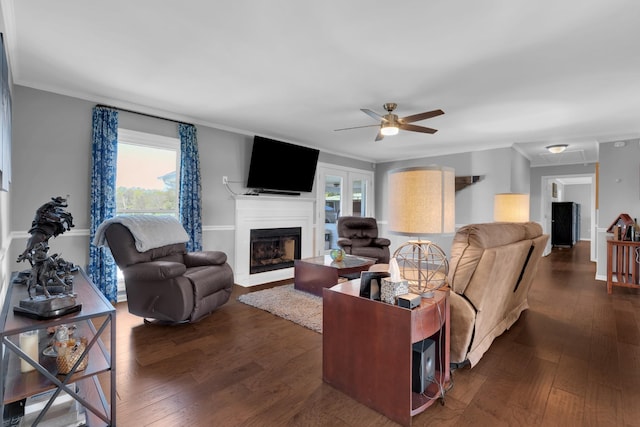 living room featuring a wealth of natural light, a fireplace, crown molding, and dark wood finished floors