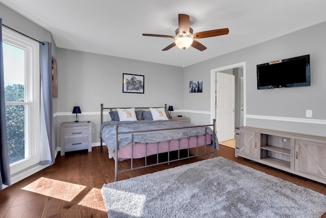 bedroom featuring wood finished floors, ceiling fan, baseboards, and multiple windows