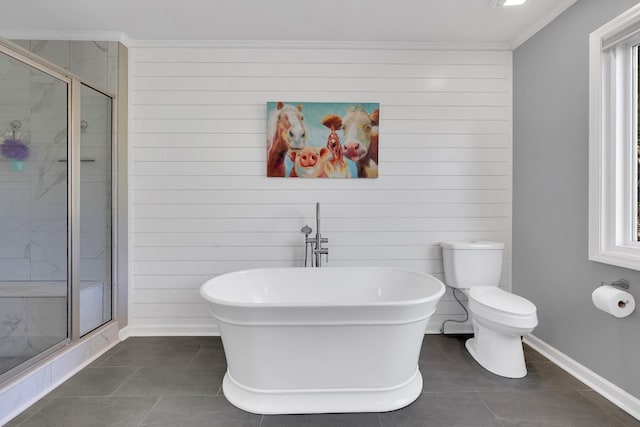 full bath featuring baseboards, ornamental molding, toilet, tile patterned floors, and a stall shower