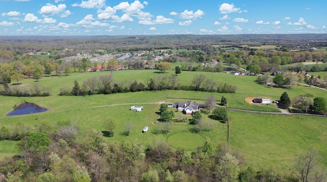 birds eye view of property featuring a water view and a rural view
