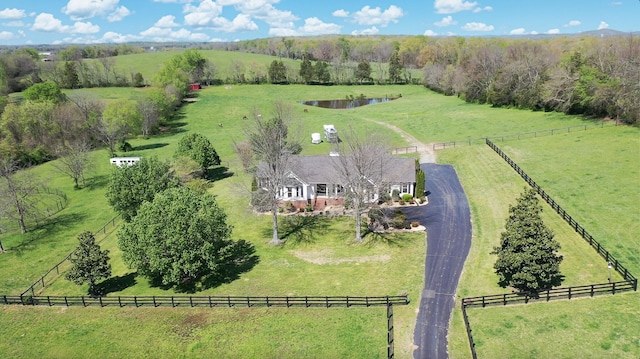 bird's eye view featuring a rural view and a water view