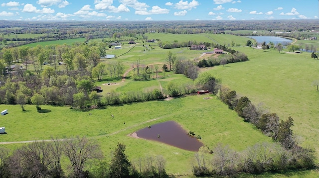 aerial view featuring a water view and a rural view