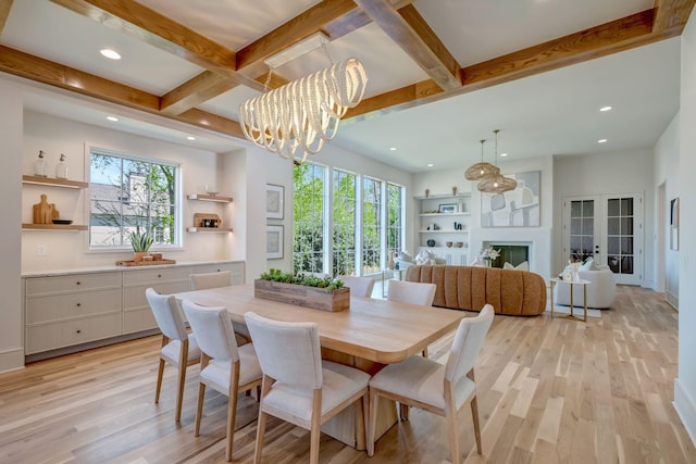128 Alton Rd, Nashville, TN 37205 - dining room featuring a chandelier, recessed lighting, beamed ceiling, coffered ceiling, and light wood finished floors