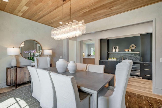 128 Alton Rd, Nashville, TN 37205 - dining room featuring a chandelier, recessed lighting, wine cooler, wood ceiling, and wood finished floors