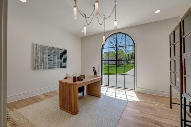 128 Alton Rd, Nashville, TN 37205 - home office featuring recessed lighting, a notable chandelier, light wood-style flooring, and baseboards
