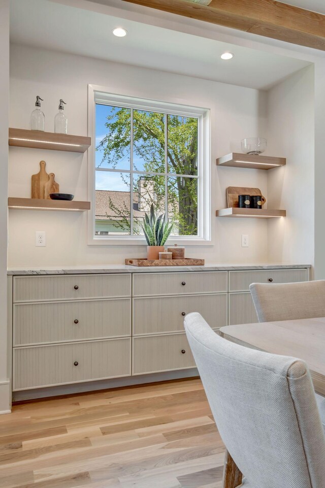 128 Alton Rd, Nashville, TN 37205 - kitchen featuring recessed lighting, light wood finished floors, light countertops, and open shelves