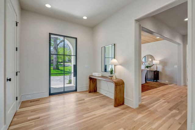 128 Alton Rd, Nashville, TN 37205 - doorway to outside featuring light wood-type flooring, baseboards, visible vents, and recessed lighting