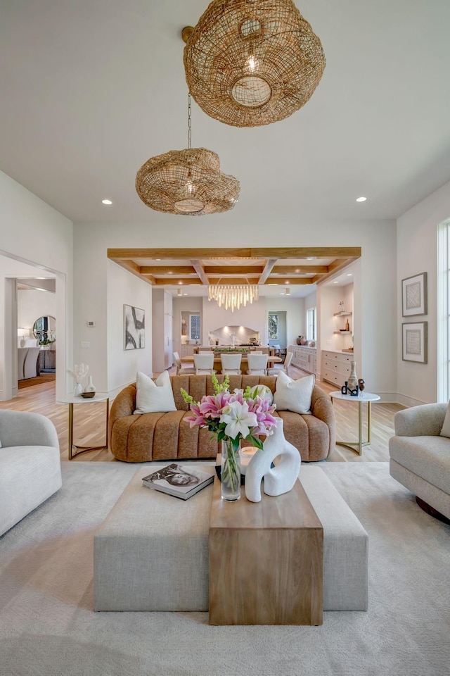128 Alton Rd, Nashville, TN 37205 - living room featuring an inviting chandelier, recessed lighting, coffered ceiling, baseboards, and beam ceiling