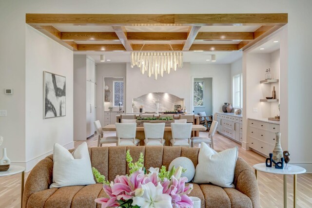 128 Alton Rd, Nashville, TN 37205 - interior space with beamed ceiling, recessed lighting, coffered ceiling, light wood finished floors, and a notable chandelier