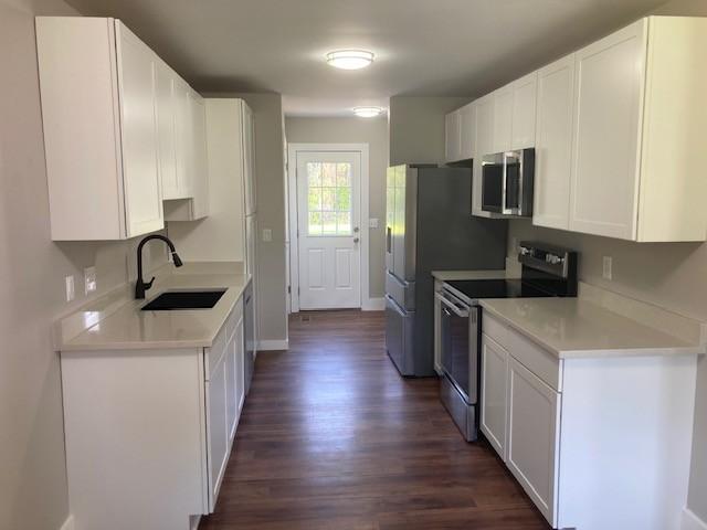 kitchen with dark wood-style floors, white cabinetry, a sink, and appliances with stainless steel finishes