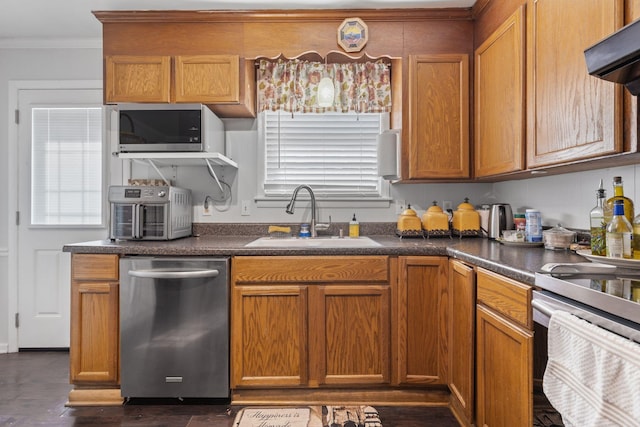 kitchen featuring crown molding, exhaust hood, dark countertops, appliances with stainless steel finishes, and a sink