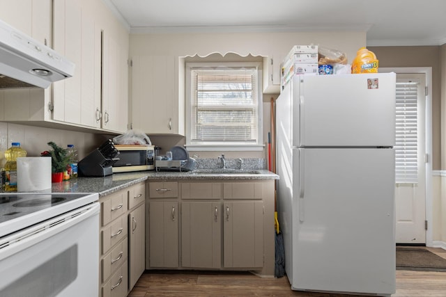 kitchen featuring a sink, ornamental molding, dark wood-style flooring, white appliances, and under cabinet range hood
