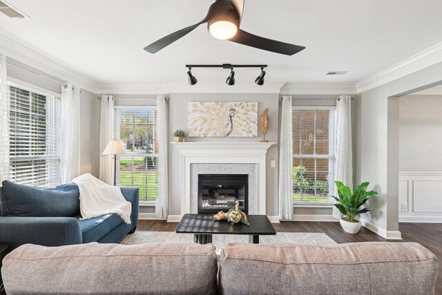 245 Wisteria Dr, Franklin, TN 37064 - living area featuring track lighting, visible vents, ornamental molding, ceiling fan, and wood finished floors