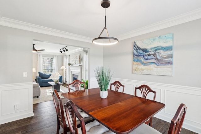 245 Wisteria Dr, Franklin, TN 37064 - dining area featuring a fireplace, crown molding, a wainscoted wall, dark wood finished floors, and a decorative wall
