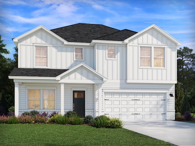 modern inspired farmhouse with a garage, board and batten siding, a front lawn, driveway, and roof with shingles