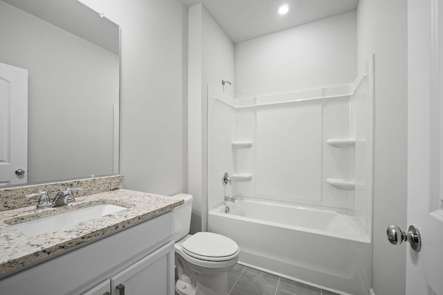 bathroom featuring vanity, tile patterned flooring, recessed lighting, toilet, and washtub / shower combination