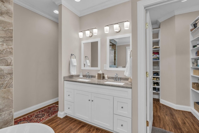 bathroom with wood finished floors, a sink, ornamental molding, and a walk in closet