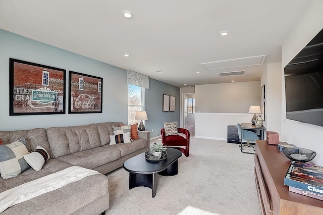 5046 Lawler Ln, Old Hickory, TN 37138 - carpeted living room with attic access, baseboards, visible vents, and recessed lighting