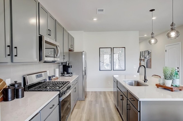 5046 Lawler Ln, Old Hickory, TN 37138 - kitchen with a sink, visible vents, light wood-style flooring, backsplash, and appliances with stainless steel finishes