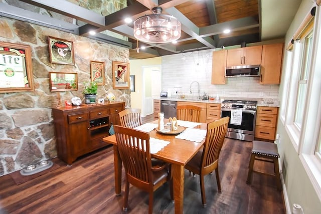 dining room featuring dark wood-type flooring, beamed ceiling, and coffered ceiling