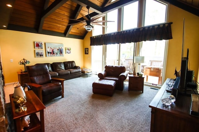 carpeted living area with visible vents, a ceiling fan, wood ceiling, beamed ceiling, and high vaulted ceiling