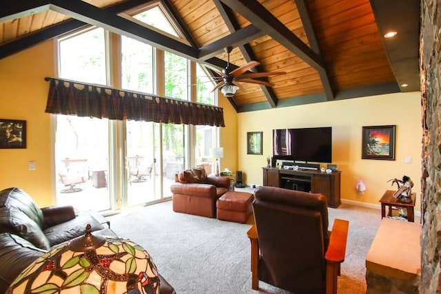 living area with beamed ceiling, ceiling fan, high vaulted ceiling, carpet, and wooden ceiling