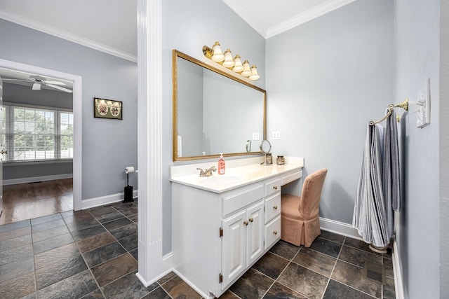 bathroom with stone tile floors, baseboards, ornamental molding, and visible vents