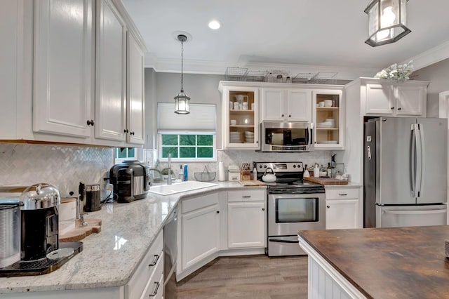 kitchen with glass insert cabinets, white cabinets, a sink, ornamental molding, and stainless steel appliances