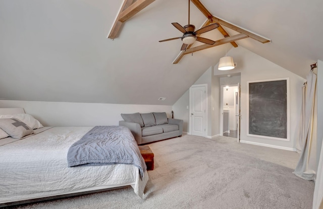 bedroom featuring carpet floors, baseboards, vaulted ceiling with beams, and a ceiling fan