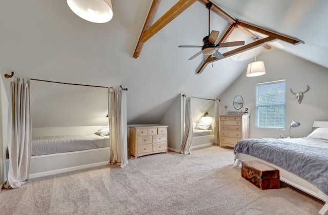 carpeted bedroom featuring baseboards and vaulted ceiling with beams