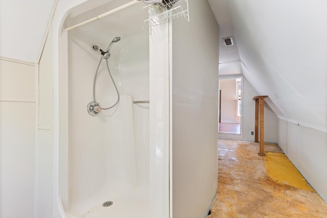 201 Knob Creek Rd, Wartrace, TN 37183 - full bathroom featuring visible vents, a shower stall, and lofted ceiling