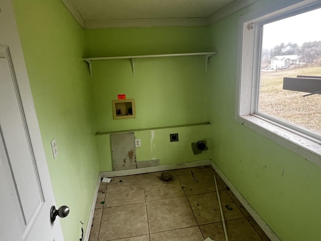 clothes washing area with ornamental molding, electric dryer hookup, laundry area, and washer hookup