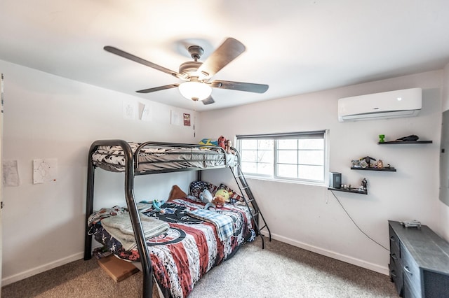 bedroom featuring an AC wall unit, baseboards, a ceiling fan, and carpet