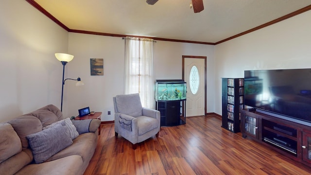 2519 Old Greenbrier Pike, Greenbrier, TN 37073 - living area featuring baseboards, crown molding, a ceiling fan, and wood finished floors