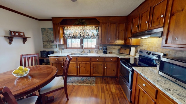 2519 Old Greenbrier Pike, Greenbrier, TN 37073 - kitchen featuring under cabinet range hood, wood finished floors, a sink, stainless steel appliances, and backsplash