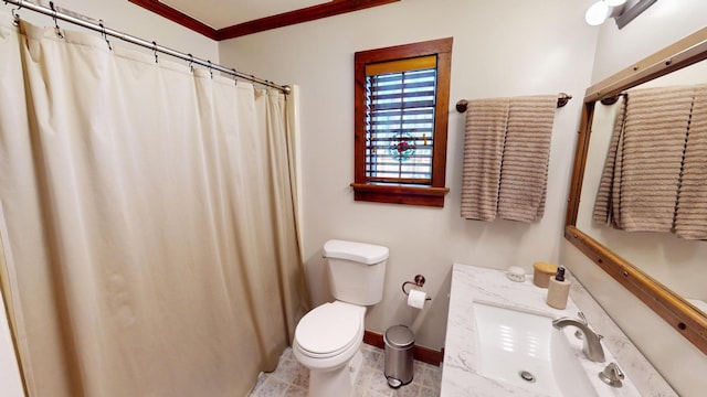 2519 Old Greenbrier Pike, Greenbrier, TN 37073 - bathroom with crown molding, vanity, toilet, a shower with shower curtain, and baseboards