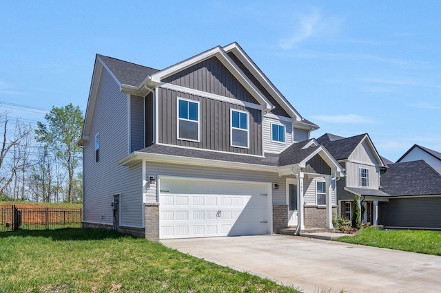 craftsman house featuring concrete driveway, board and batten siding, fence, and a garage
