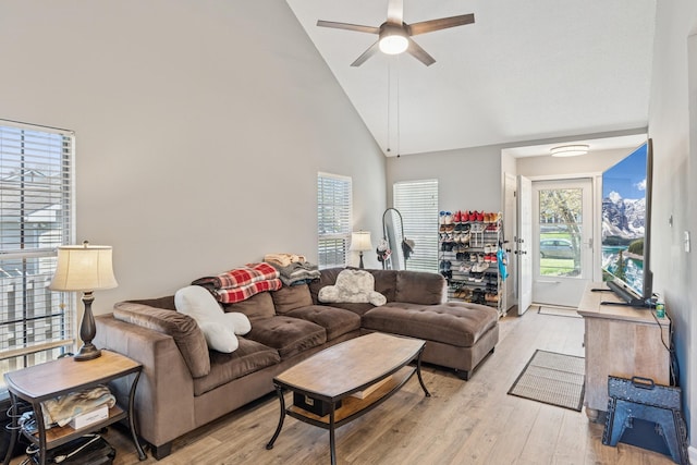 238 Kathleen Ct, Clarksville, TN 37043 - living area featuring light wood finished floors, high vaulted ceiling, and ceiling fan