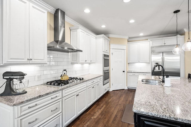 15 Westlawn Ct, Nashville, TN 37209 - kitchen featuring crown molding, a sink, wall chimney range hood, and stainless steel appliances