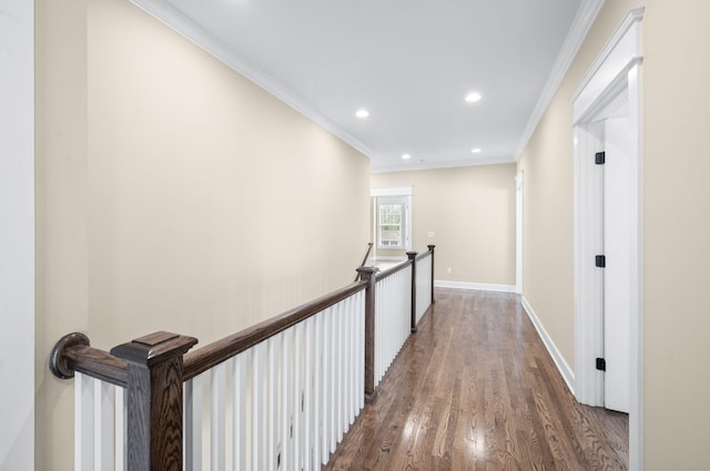 15 Westlawn Ct, Nashville, TN 37209 - corridor with baseboards, an upstairs landing, dark wood finished floors, crown molding, and recessed lighting