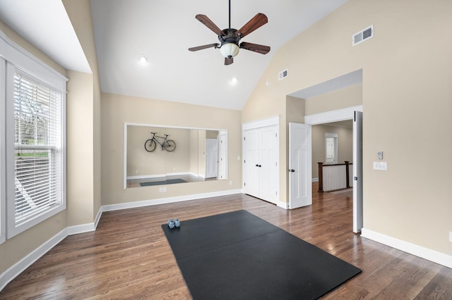 15 Westlawn Ct, Nashville, TN 37209 - exercise room with high vaulted ceiling, visible vents, a ceiling fan, and dark wood-style floors
