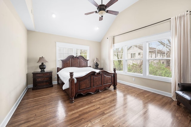 15 Westlawn Ct, Nashville, TN 37209 - bedroom with baseboards, high vaulted ceiling, wood finished floors, and a ceiling fan