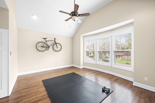 15 Westlawn Ct, Nashville, TN 37209 - exercise room with dark wood-style flooring, ceiling fan, high vaulted ceiling, and baseboards
